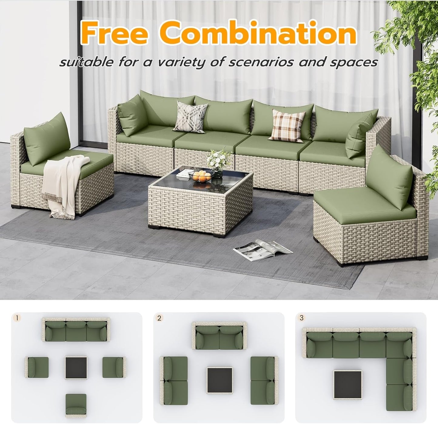 Outdoor Patio Furniture Set, 7-Piece PE Wicker Sectional Sofa with Tea Table, Outdoor Conversation Set for Patio, Garden, Backyard Green-4