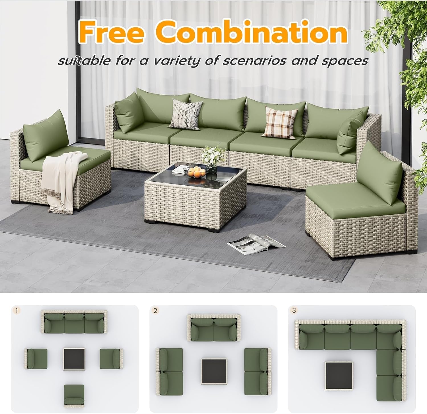 Outdoor Patio Furniture Set, 7-Piece PE Wicker Sectional Sofa with Tea Table, Outdoor Conversation Set for Patio, Garden, Backyard Green-4