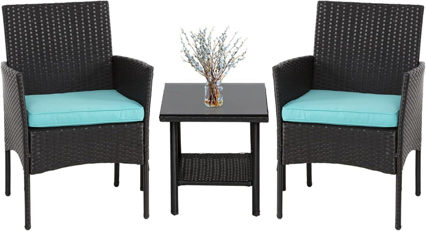 3 Piece Outdoor Furniture Set Patio Wicker Chairs Furniture Bistro Conversation Set 2 Rattan Chairs with Blue Cushions and Glass Coffee Table for Porch Lawn Garden Balcony Backyard