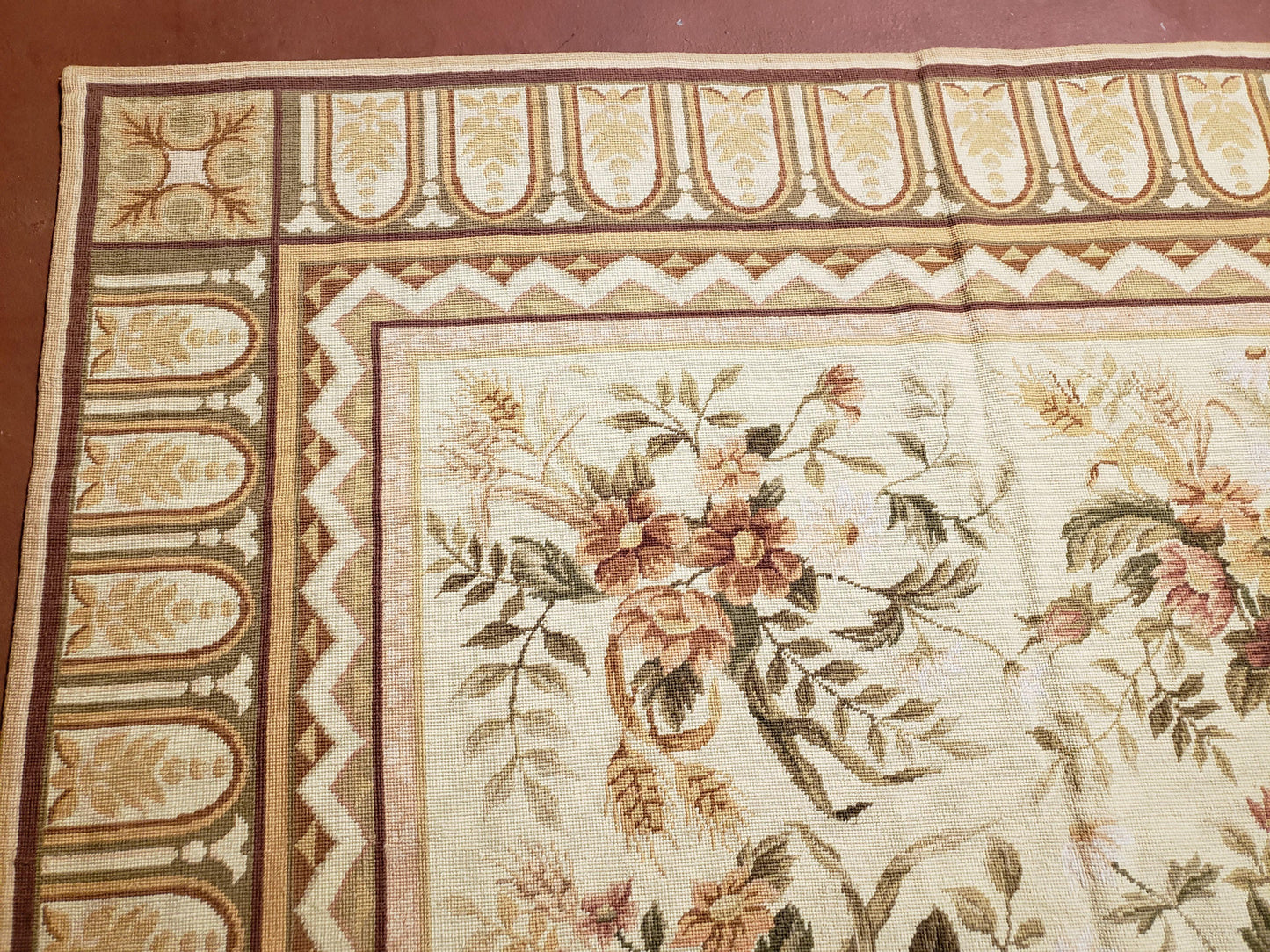 Needlepoint Rug 8x10 Aubusson Rug Victorian Floral Rug Handmade French Style French Decor Garden Panel Beige 8 x 10 Area Rug 100% Wool-4