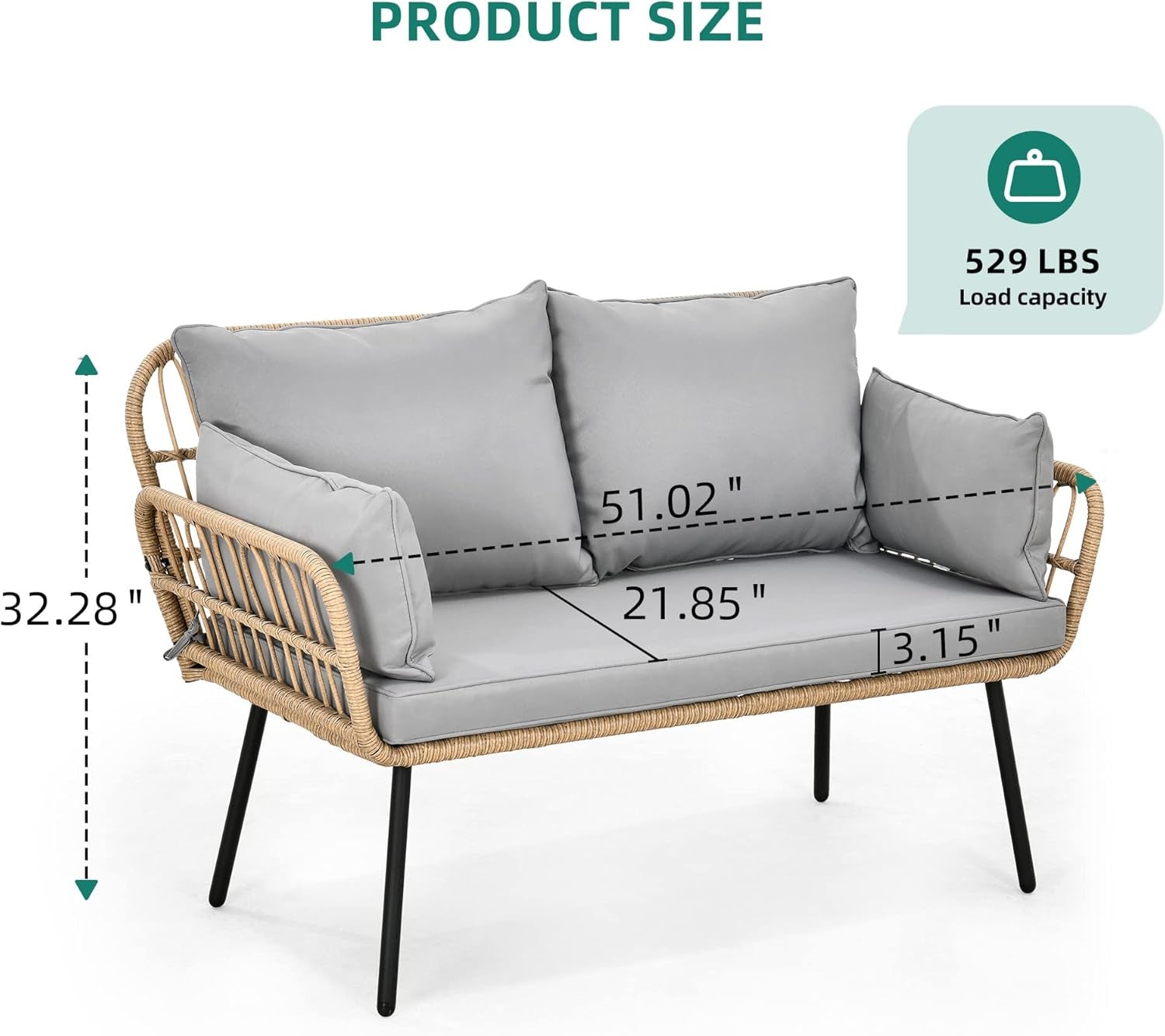 Patio Loveseat, All-Weather Wicker Rattan 2 Seater Sofa with Cushions & Lumbar Pillows, Outdoor Patio Furniture Set for Patio, Balcony, Backyard, Deck, Poolside - Grey-1