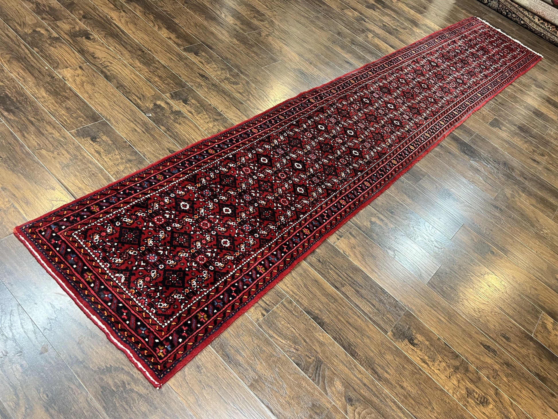 Persian Runner Rug 3 x 16, Wool Handmade Long Antique Hamadan Oriental Rug for Hallway, Red Tribal Rug, Allover Pattern, 3x16 Runner Rug-1