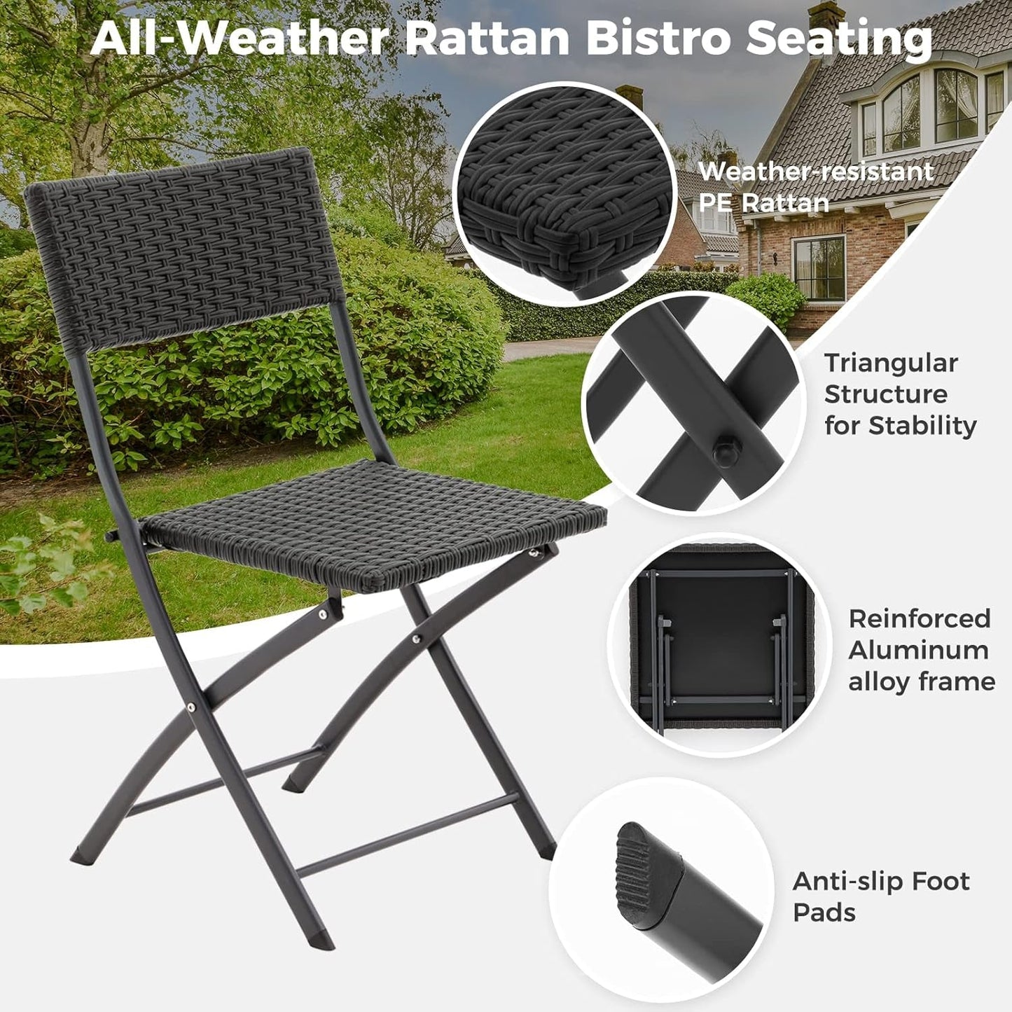 Rattan Patio Bistro Set, 3 Piece Foldable Outdoor Patio Furniture Sets, with Folding Table and Two Chairs, for Garden, Backyard, Pool, Lawn, Porch, Balcony, All Weather Rattan Style (Black)-2