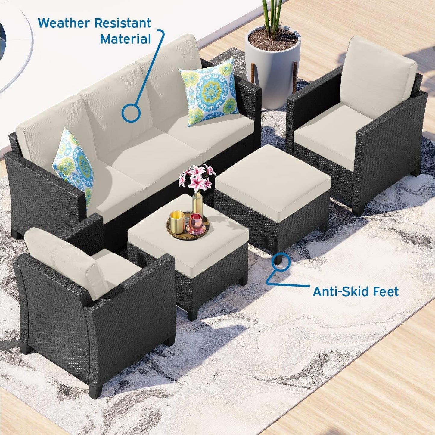 Patio Furniture Set - Outdoor Patio Furniture Sets, Patio Sectional Furniture Set, 5 Piece Patio Furniture Sets, Patio Conversation Sets, Black Wicker Patio Furniture with off White Cushions