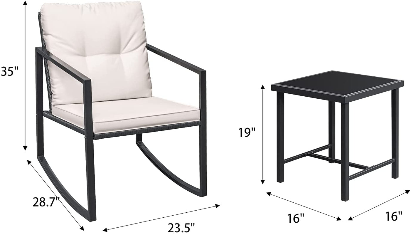3 Pieces Rocking Wicker Bistro Set, Patio Outdoor Furniture Conversation Sets with Porch Chairs and Glass Coffee Table, Beige-1