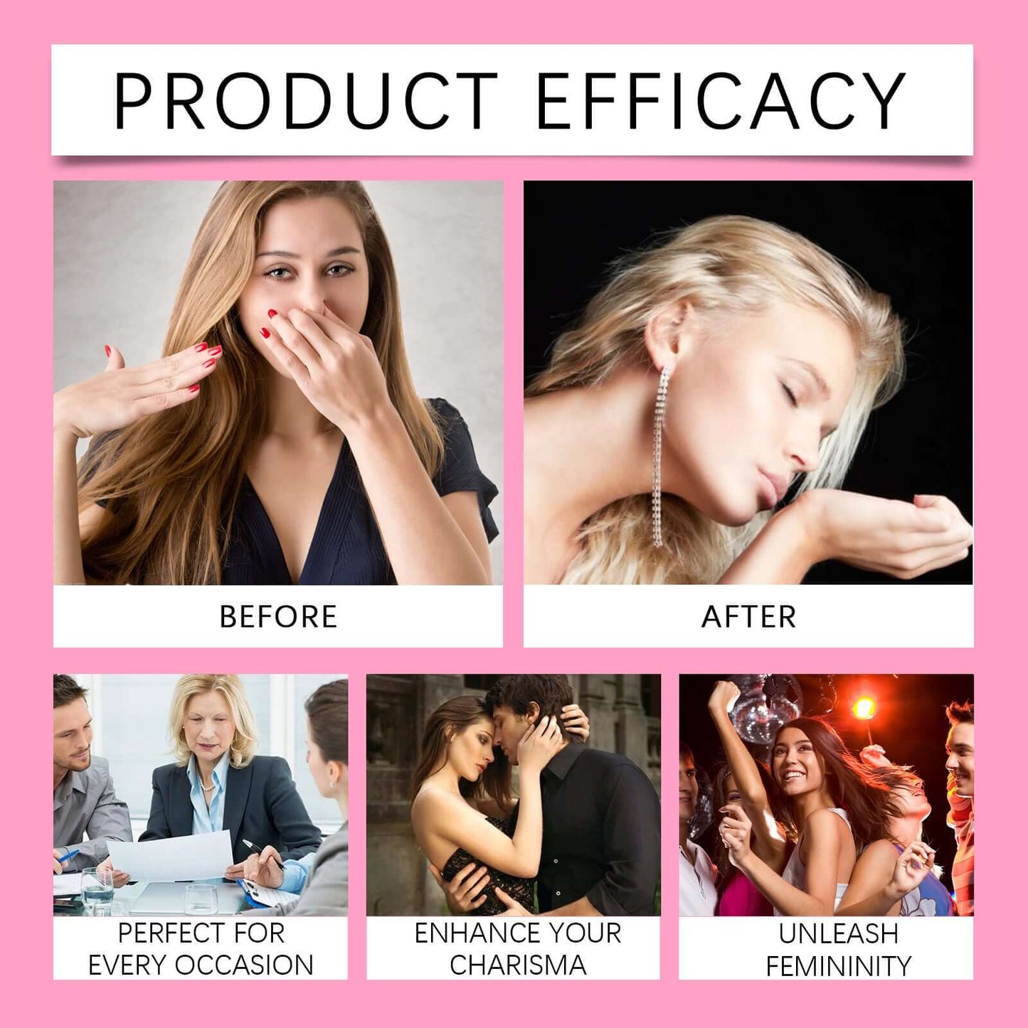 Before and after images showcasing product efficacy, emphasizing moments of confidence and femininity.