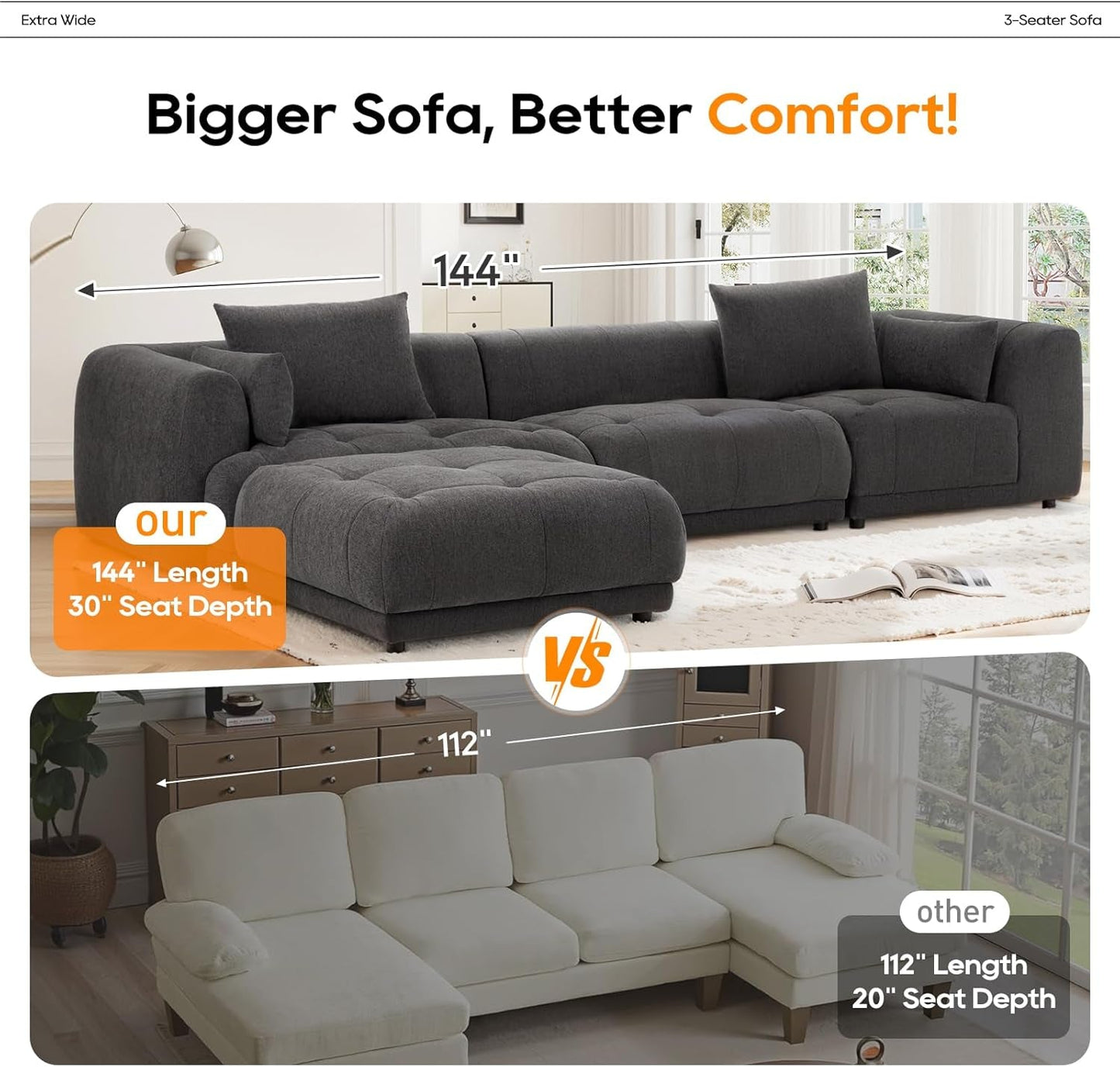 144" Cloud Sectional Couch with Ottoman,Modular Sectional Sofa with 3 Large Seat and 1 Ottoman for Living Room, Chenille, Gray
