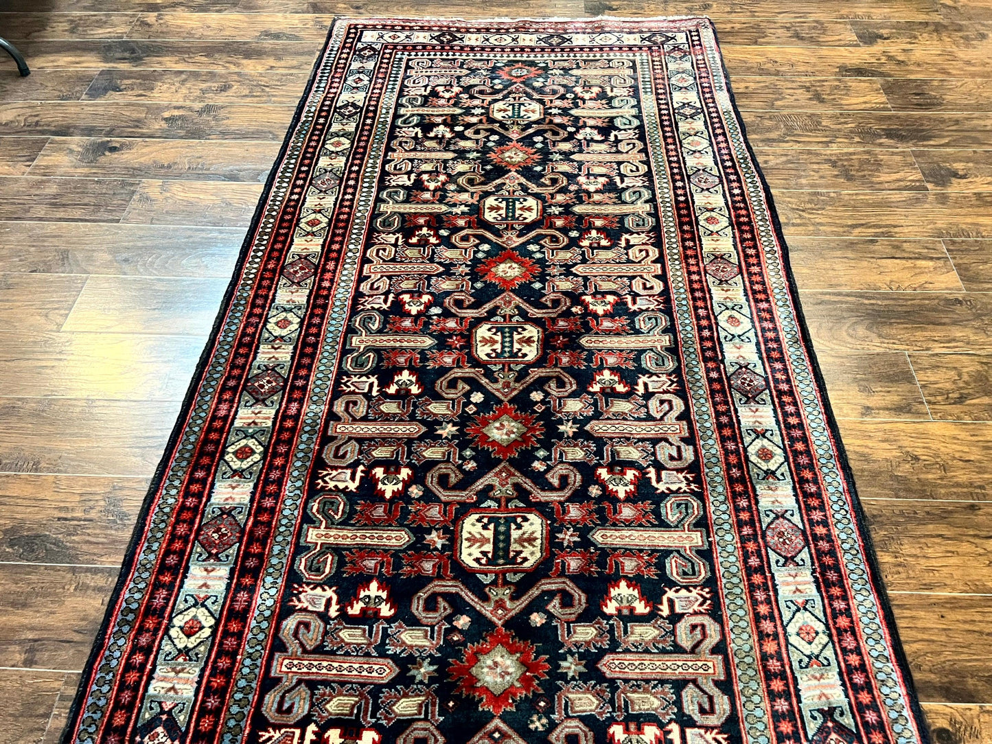 Persian Wide Runner Rug 4.8 x 10, Persian Kalegi Ardabil Rug, Perpedil Caucasian Rug, Antique Handmade Wool Carpet, Navy Blue Red, Tribal Rug-1
