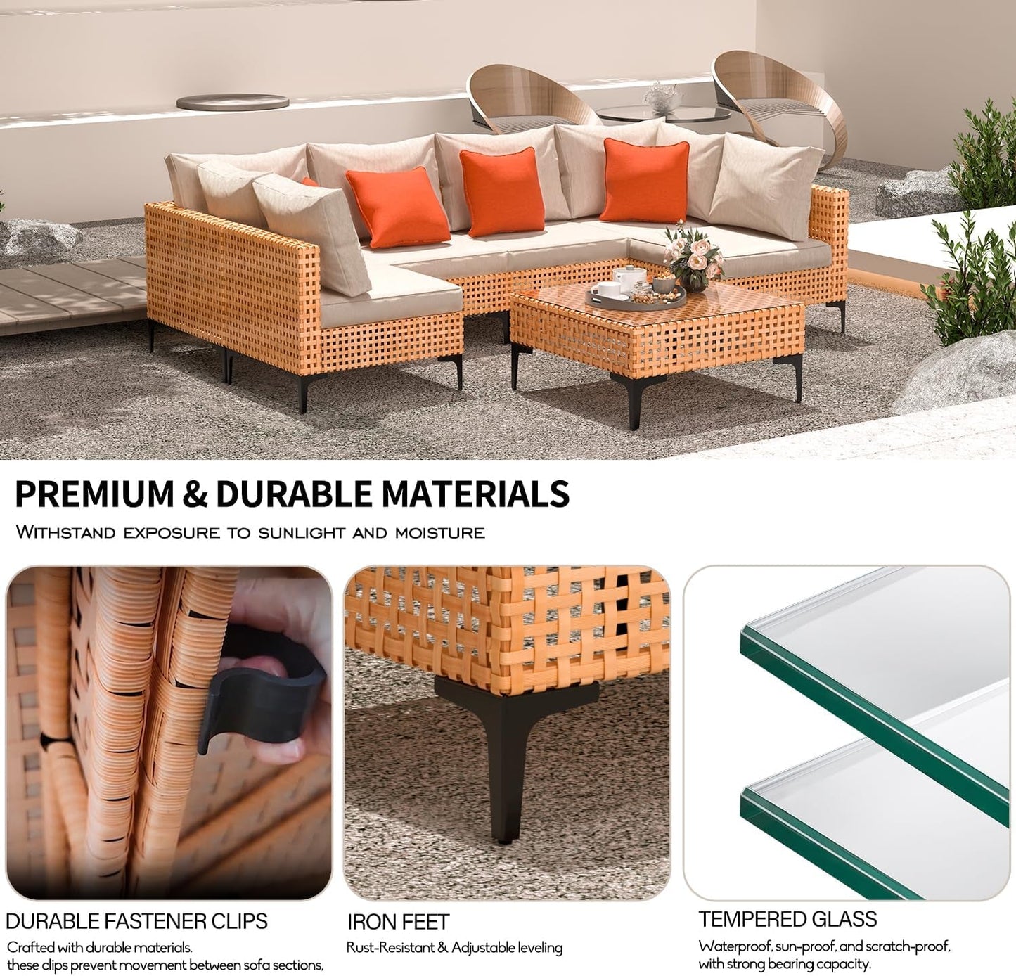 5 Piece Outdoor Patio Furniture Set Modular Outdoor Furniture Set Wicker Outdoor Sectional Sofa with Cushions Table Patio Set for Balcony Porch Deck Yard (Salmon&Orange Wicker, Sand Cushion)