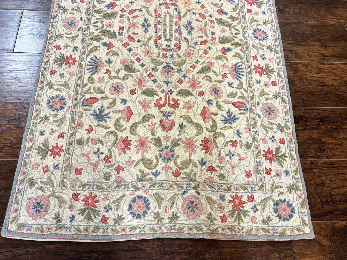 Hand Stitched Indian Rug 4x5, Floral, Vintage Hand Embroidered Rug-4