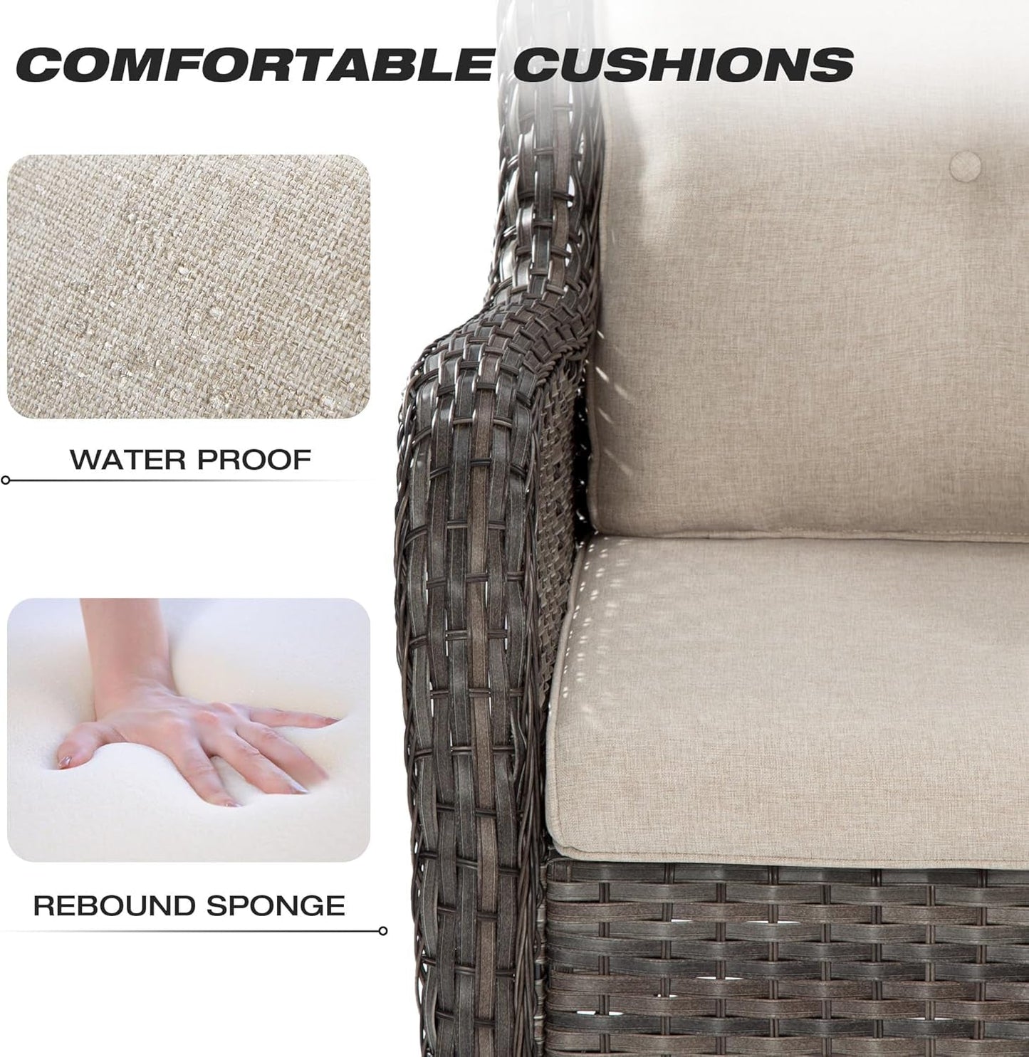 Wicker Patio Furniture Sets 8 Piece Set with 3-Seat Sofa, 2 Swivel Rocking Armchairs, 2 Armchairs, 2 Ottoman and 1 Side Table Wicker Outdoor Furniture Sectional Conversation Set, Beige