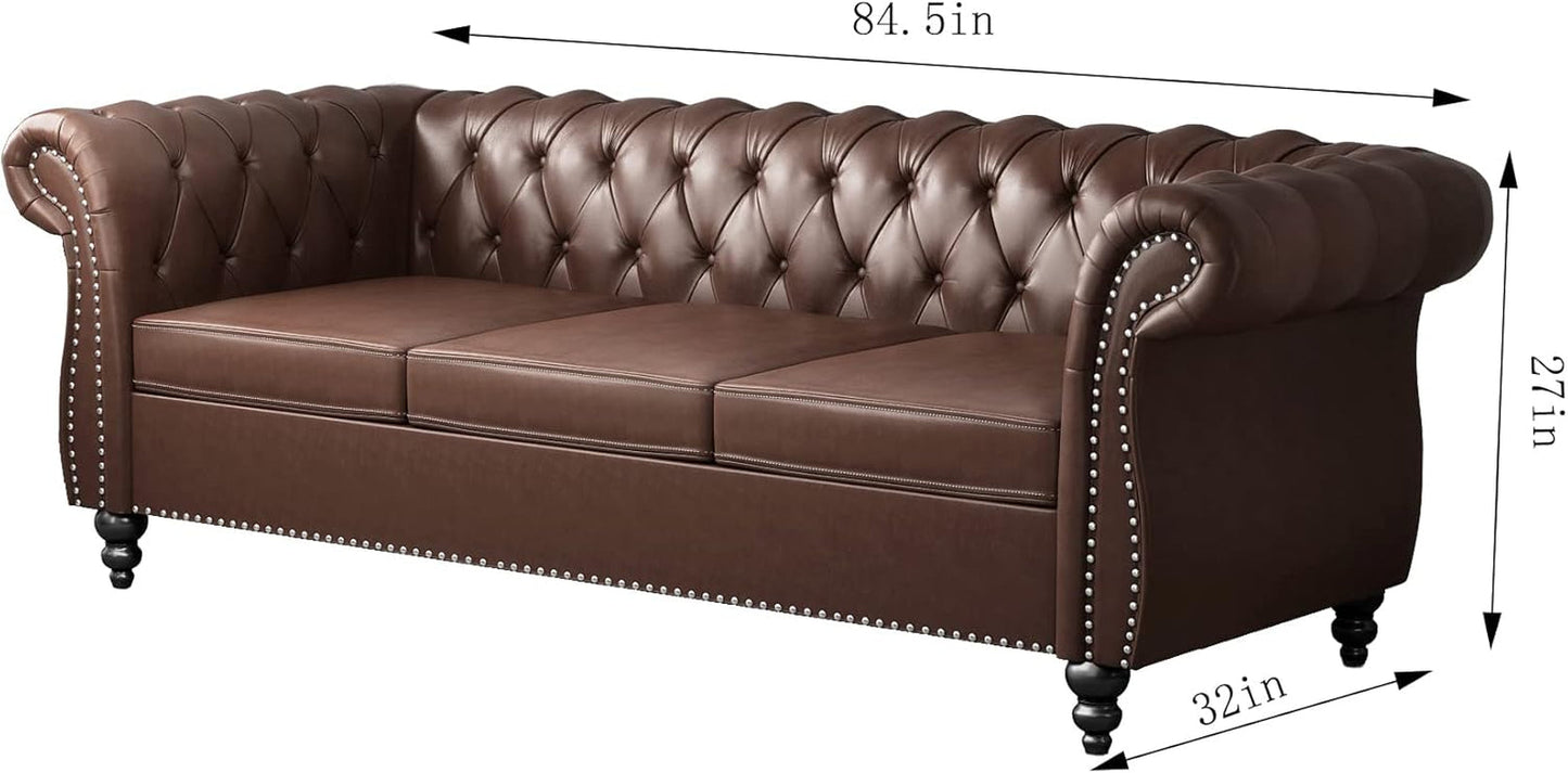 3 Piece Living Room Set, Chesterfield Leather Sofa Loveseat Couch Chair with Scroll Arms and Nailhead for Living Room, Office (Dark Brown)