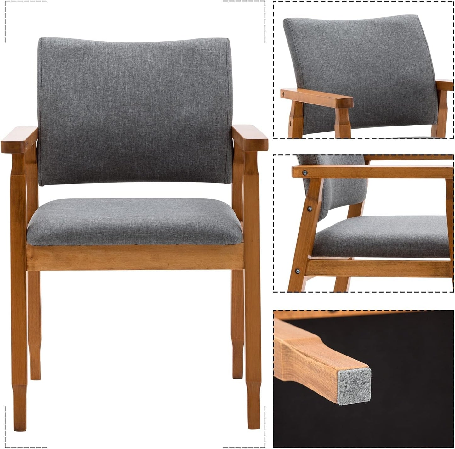 Set of 2 Mid Century Modern Walnut Dining Chairs Wood Arm Grey Fabric Kitchen Cafe Living Room Decor Furniture-2