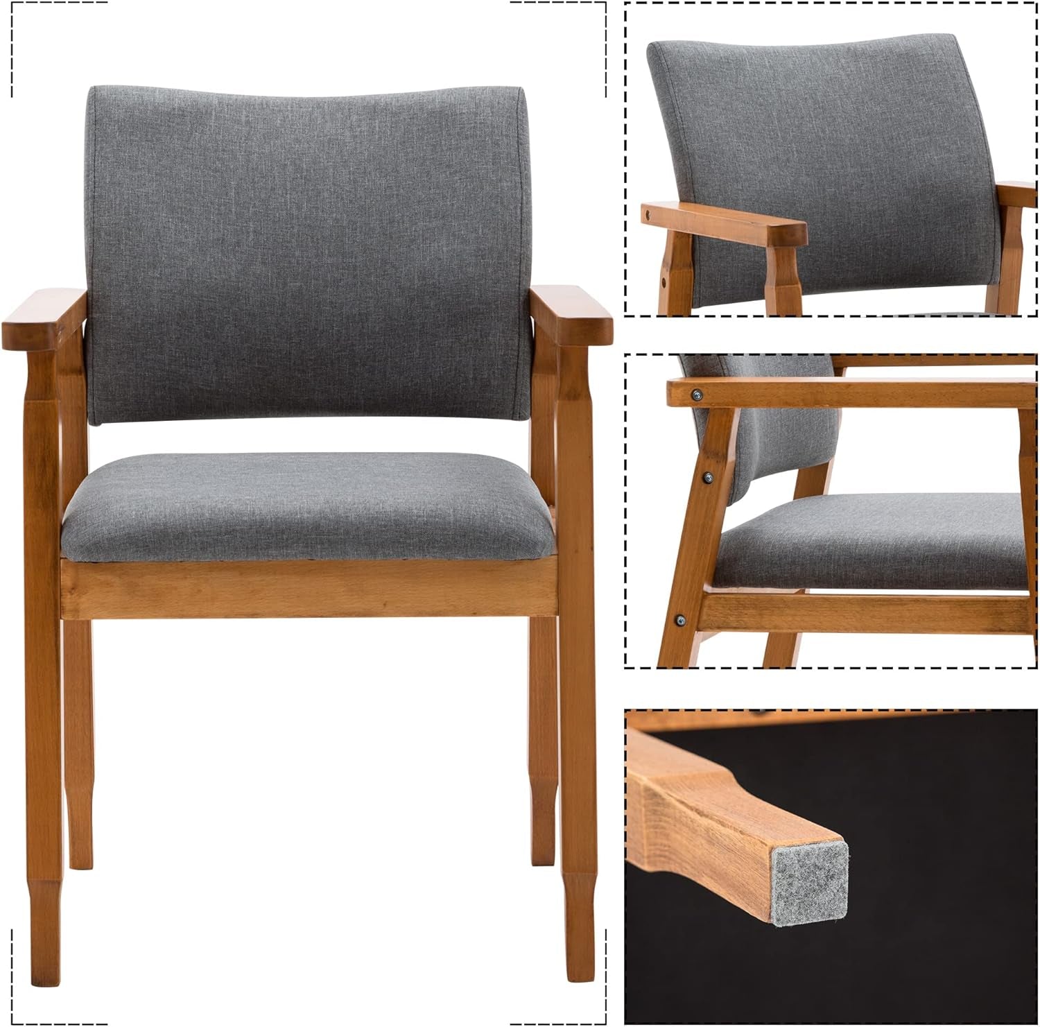 Set of 2 Mid Century Modern Walnut Dining Chairs Wood Arm Grey Fabric Kitchen Cafe Living Room Decor Furniture-2