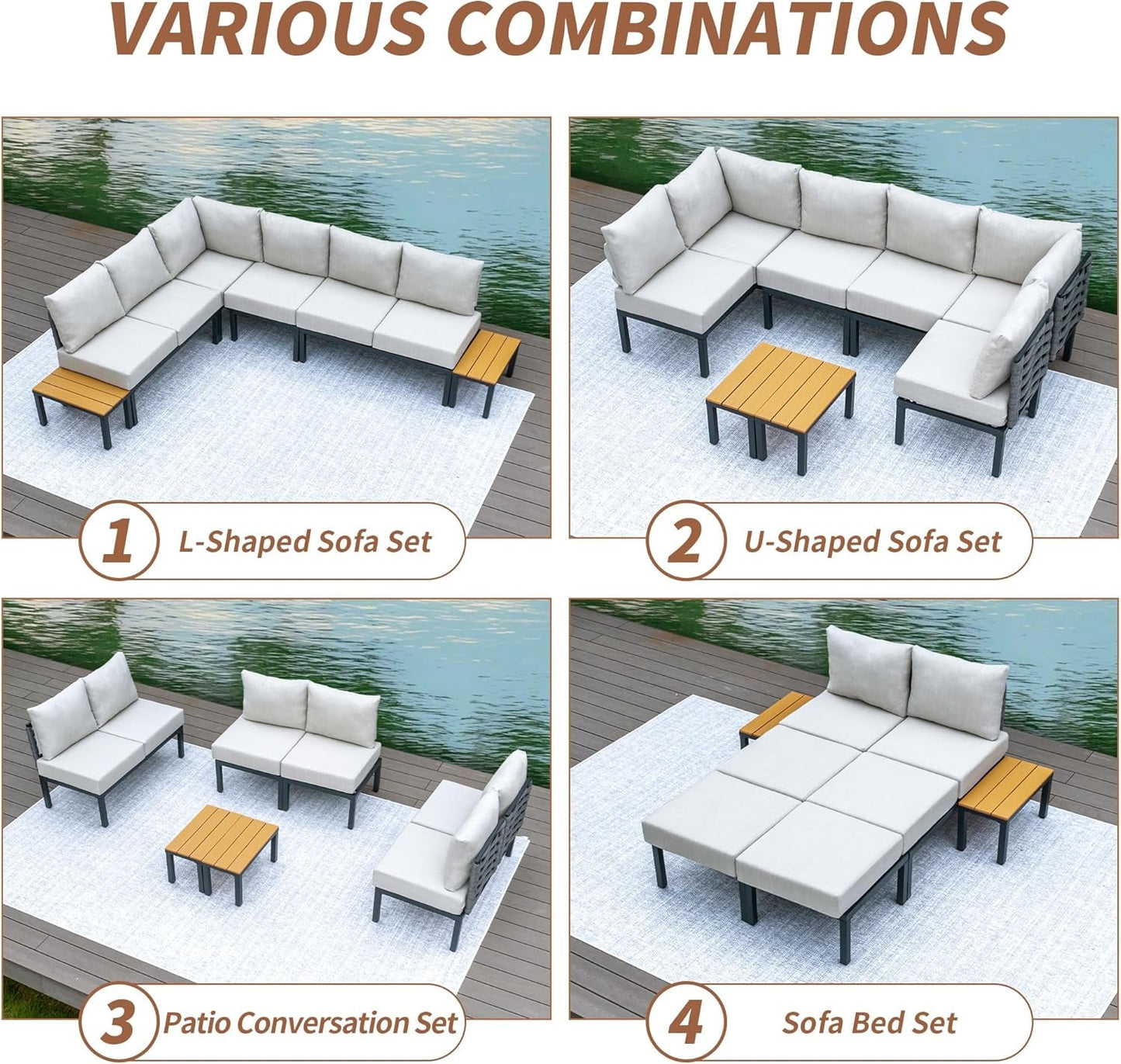8 Pieces Patio Furniture Set Convertible Outdoor Furniture Set W/ 6" Ultra Thick Cushions and 2 Coffee Tables, All-Weather Sectional Sofa Couch, Beige-4