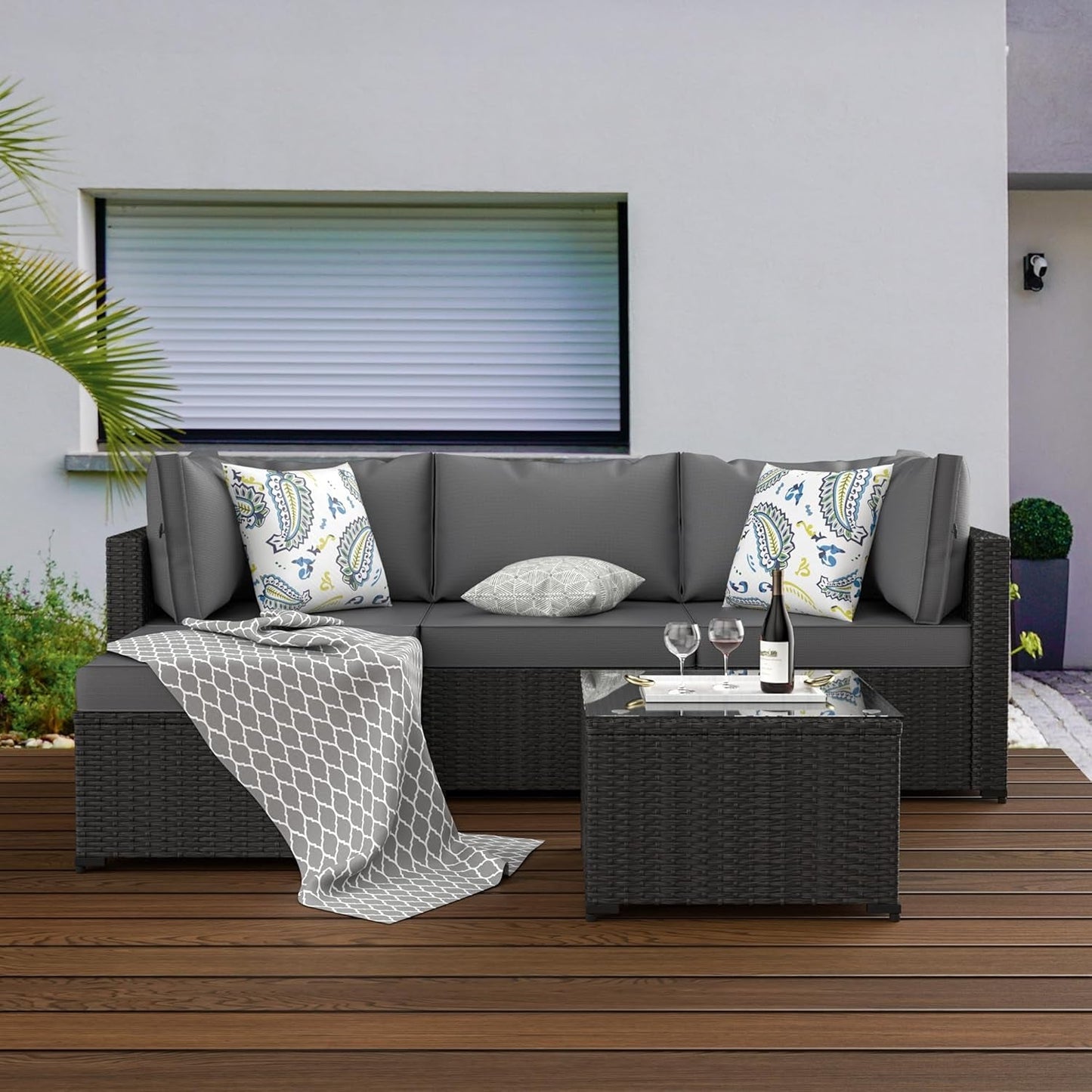 Patio Furniture Set, 5PCS Outdoor Conversation Sets Waterproof Rattan Sectional Sofa with 4” Thickened Cushion Modular Wicker Patio Furniture Set with Glass Top Table for Balcony, Backyard (Grey)-1