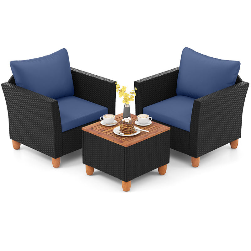 3 Pieces Patio Wicker Furniture Set with Cushions and Acacia Wood Coffee Table Outdoor