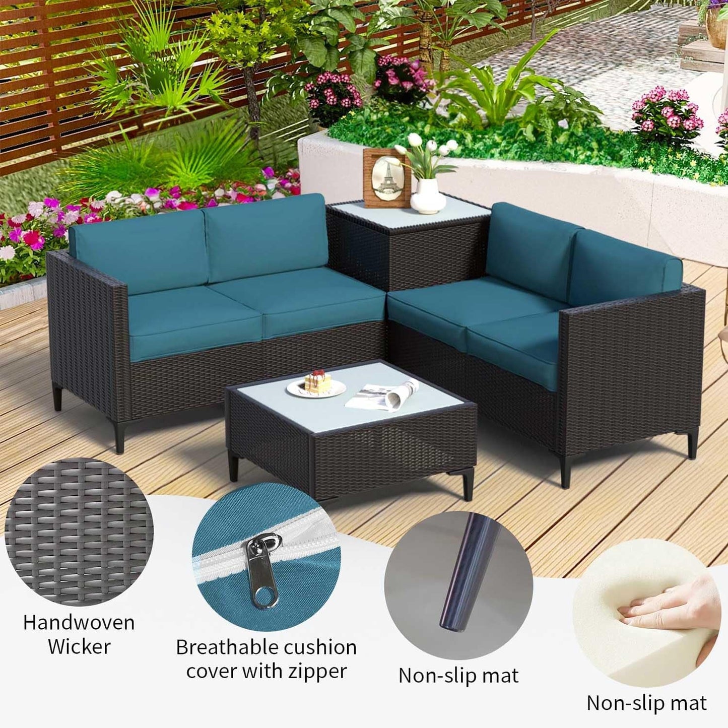 Waterproof Rattan Patio Furniture Set with Thick Cushions-3
