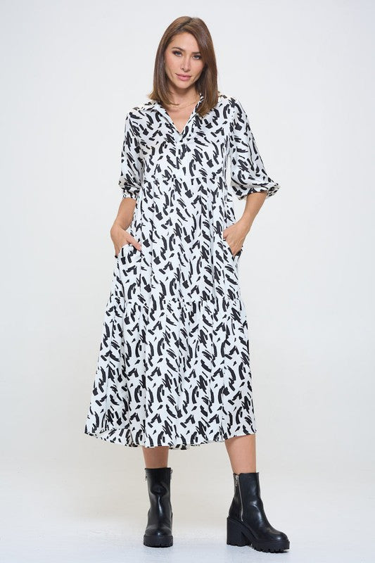 Print Collared V neck Tiered Dress with Pockets