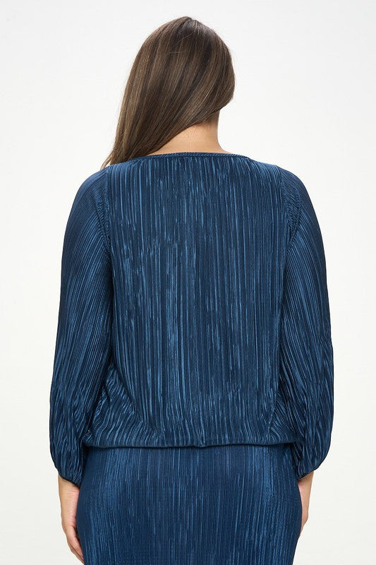 Plisse Solid Round neck Top with 3/4 Sleeve