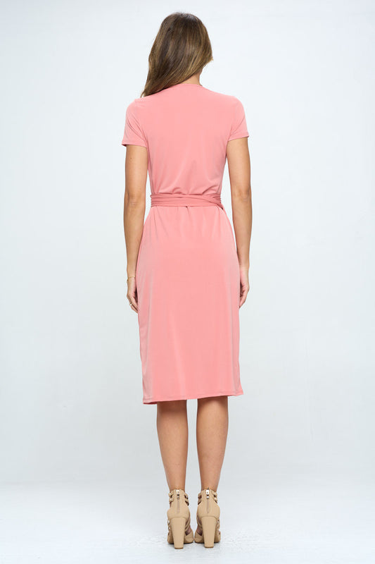 Solid V neck Wrap Dress with Tie
