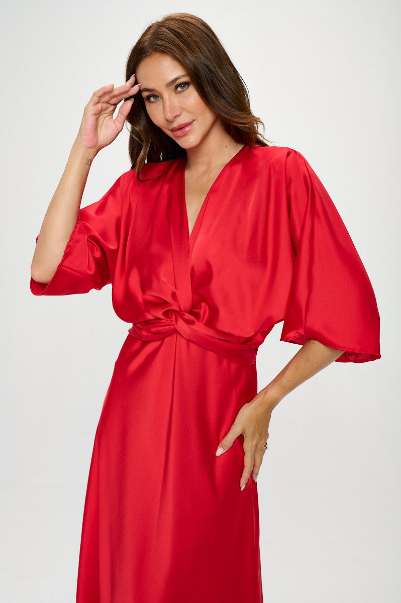 Satin Stretch Solid Dress with Front Twist