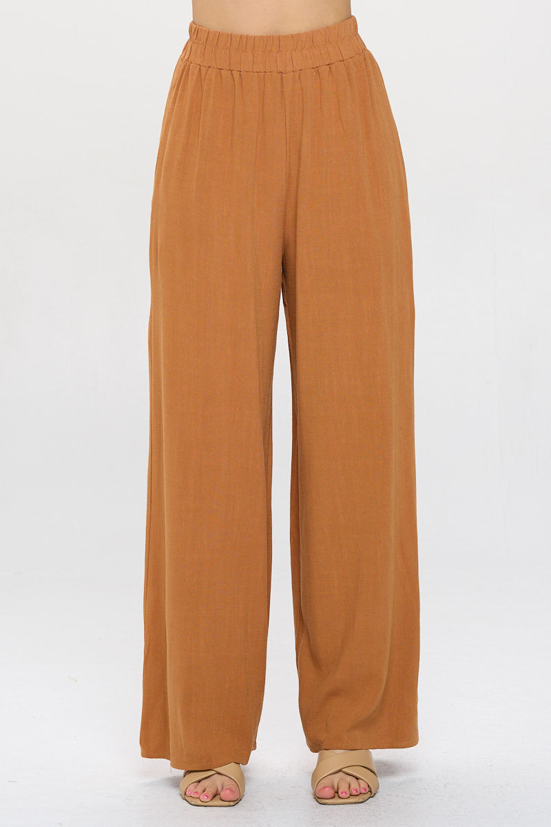 Solid Linen Wide Leg Pants with Pockets