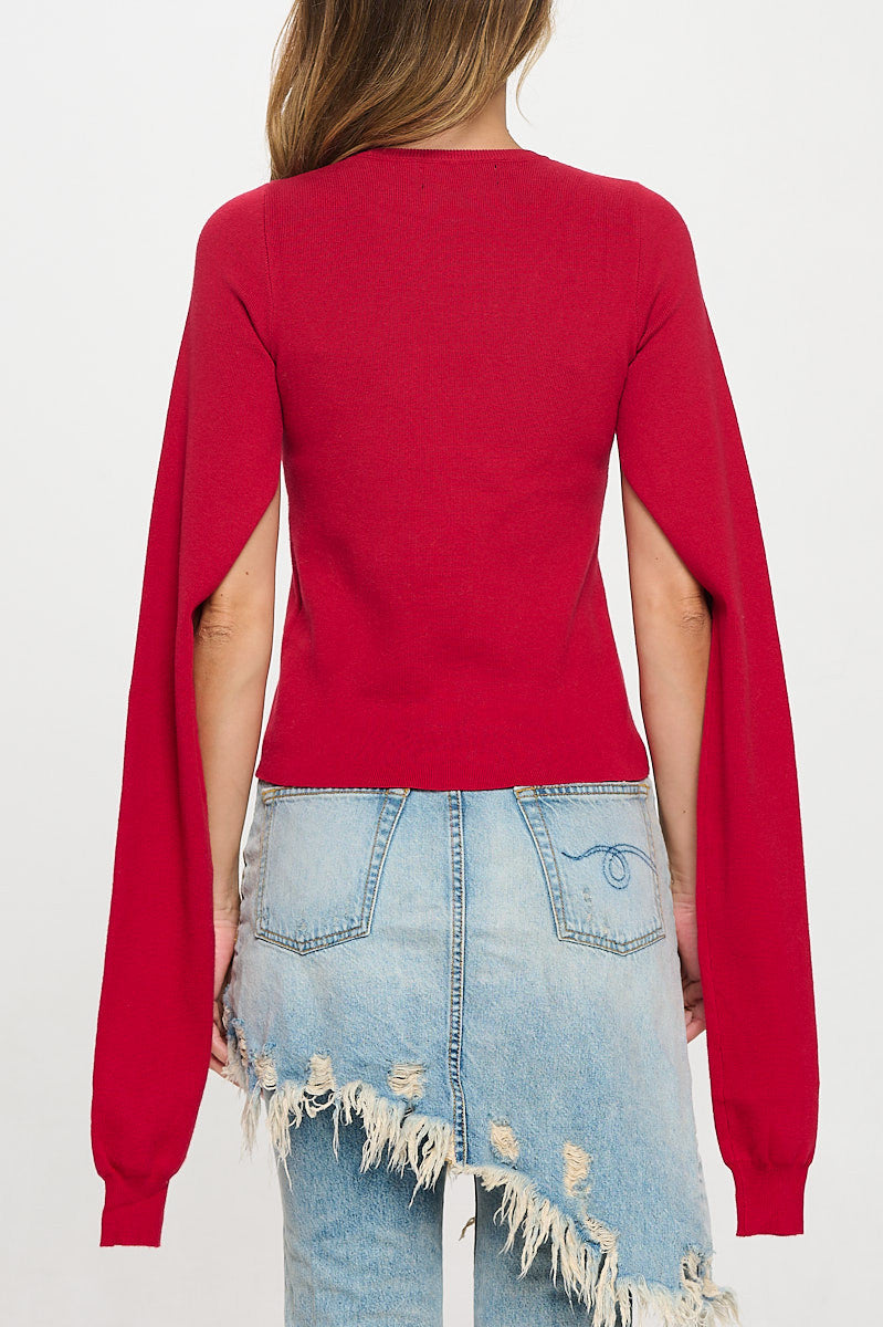 Rib Knit Round neck Sweater with Open Long Sleeve