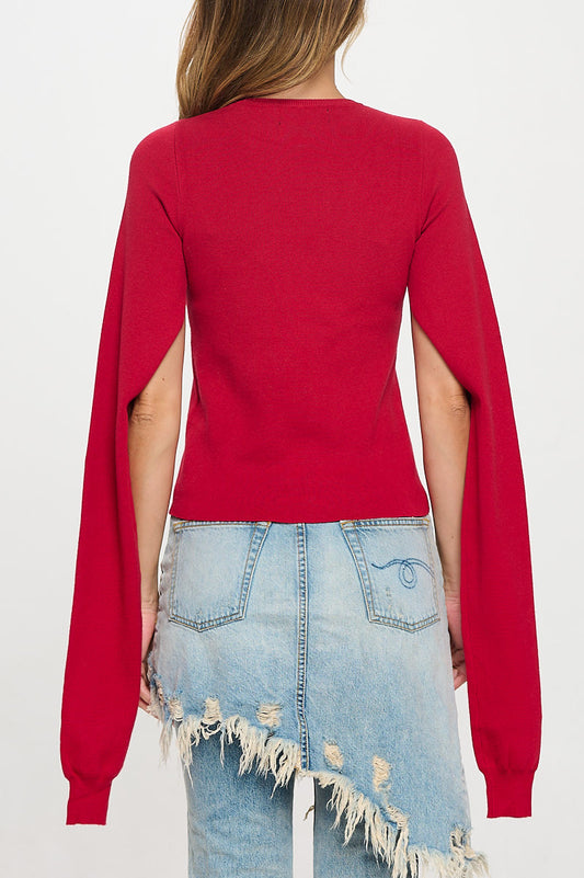 Rib Knit Round neck Sweater with Open Long Sleeve