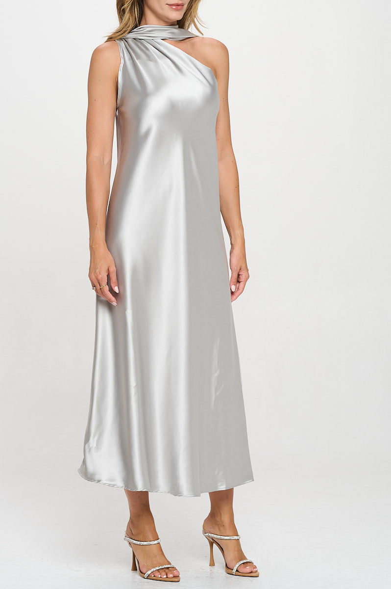 One Shoulder Satin Maxi Dress with Scarf Detail