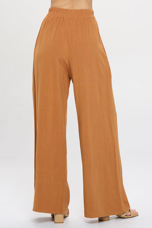 Solid Linen Wide Leg Pants with Pockets