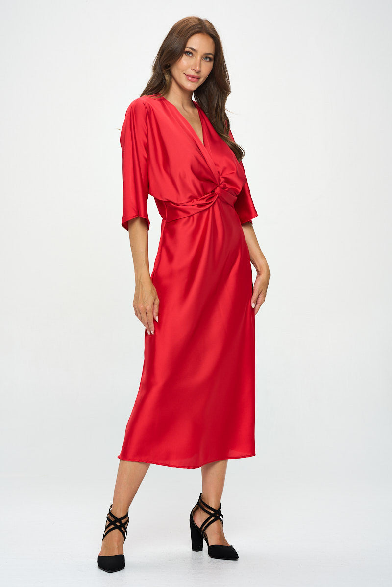 Satin Stretch Solid Dress with Front Twist
