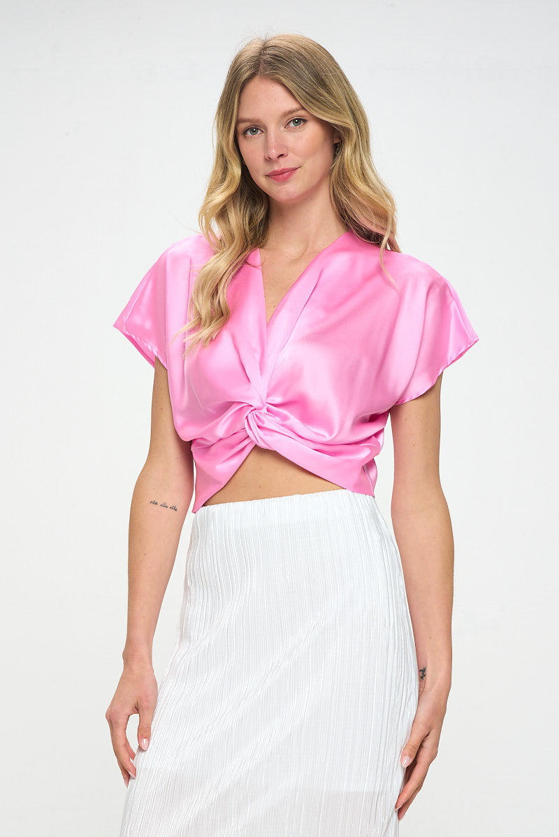 Satin Short Sleeve Top with Front Twist