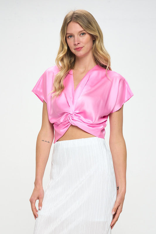 Satin Short Sleeve Top with Front Twist