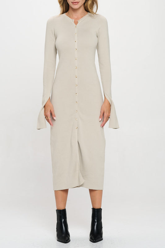 Rib Knit Maxi Dress with Buttons and Open Sleeve