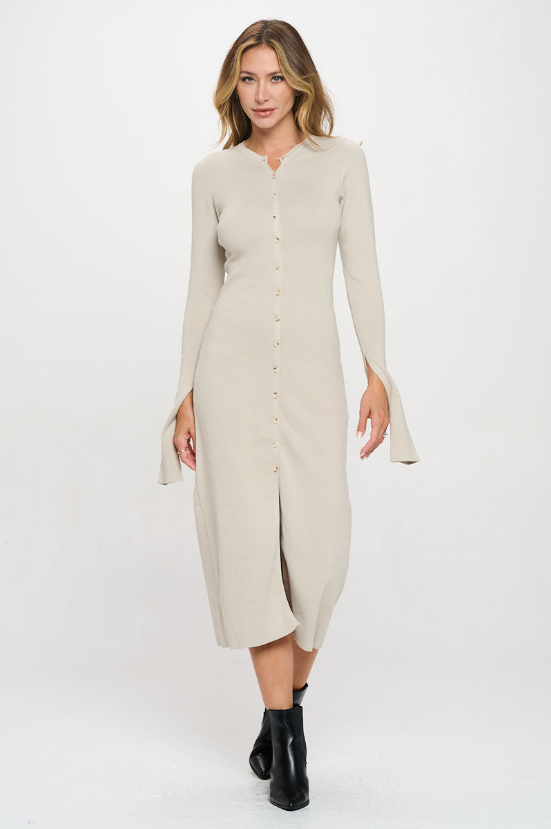 Rib Knit Maxi Dress with Buttons and Open Sleeve