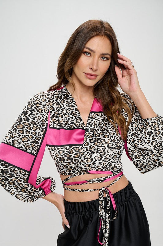 Silky Satin Wrap Crop Top with Tie-0
