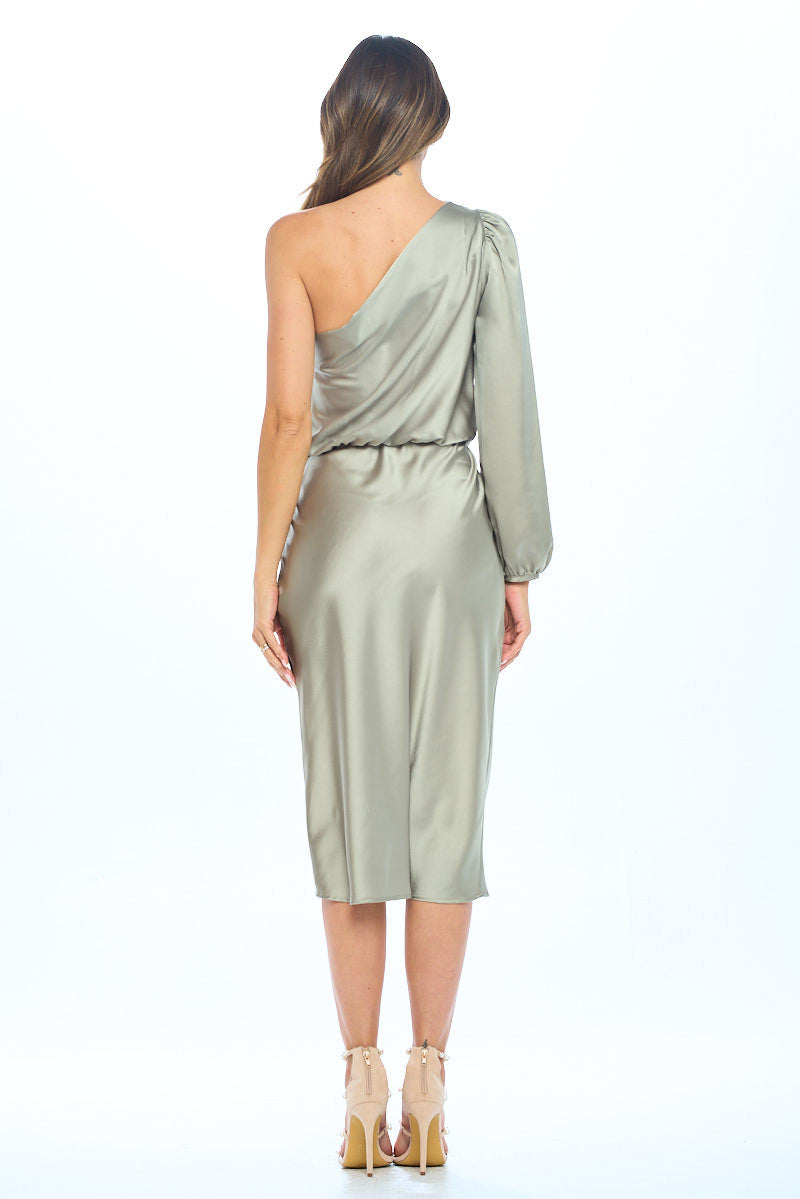 Satin One Shoulder Bodycon Dress w/ Asymmetric Hem-4