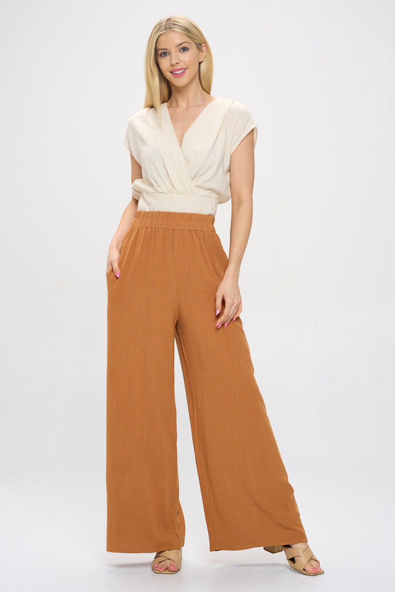 Solid Linen Wide Leg Pants with Pockets