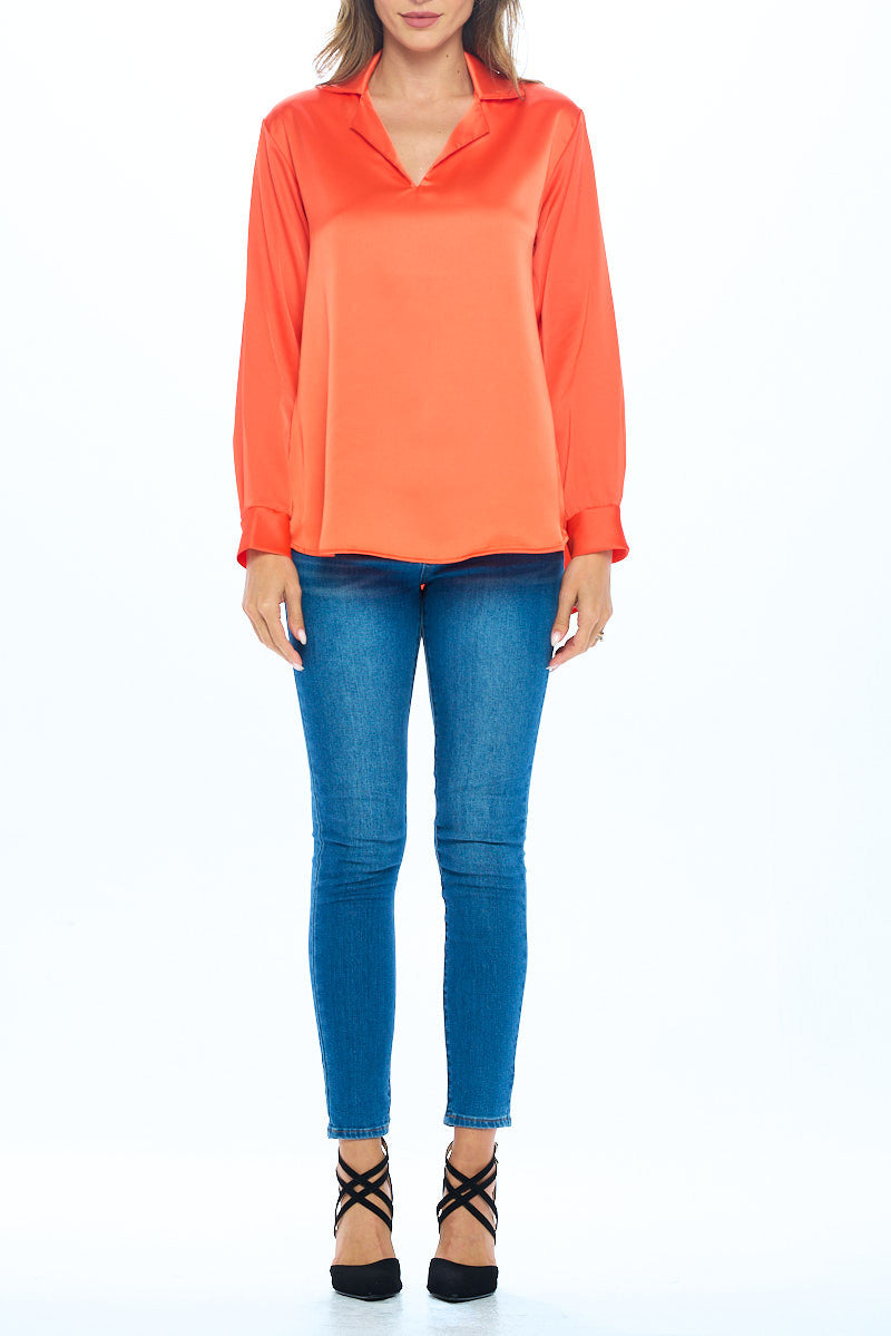 Stretch Satin V neck Top w/ Collar and Cuff Sleeve-3