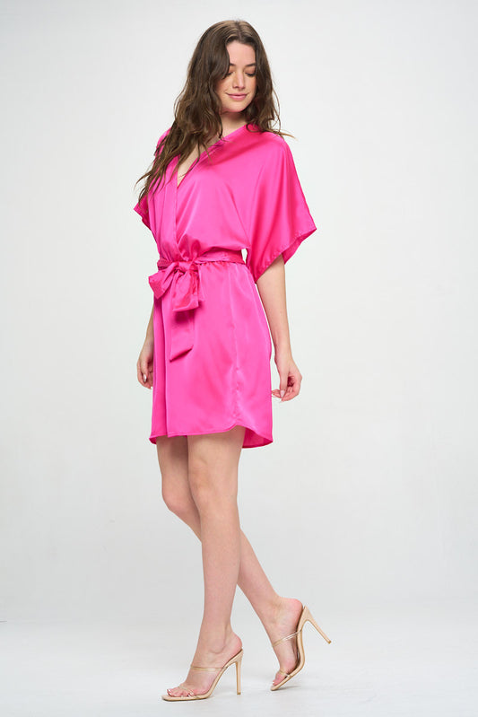 Solid Satin Kimono Romper with Tie