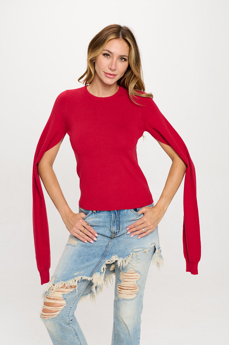 Rib Knit Round neck Sweater with Open Long Sleeve
