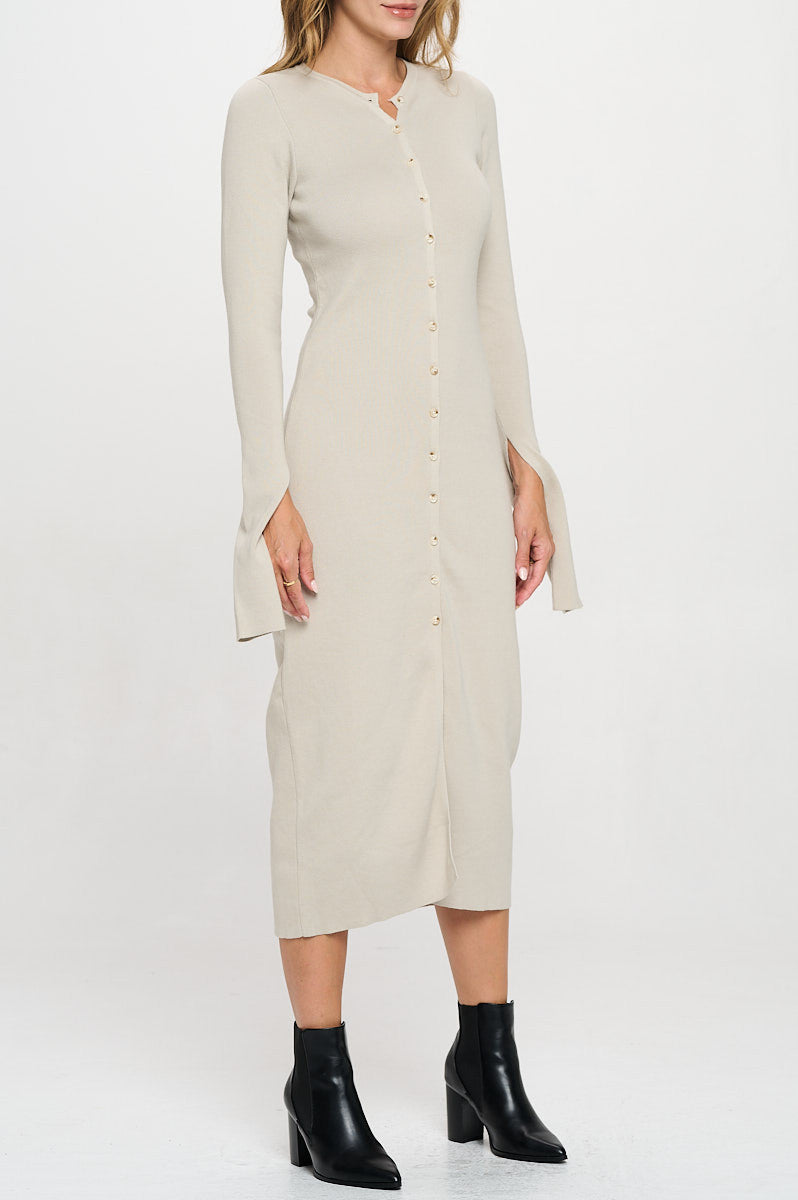 Rib Knit Maxi Dress with Buttons and Open Sleeve