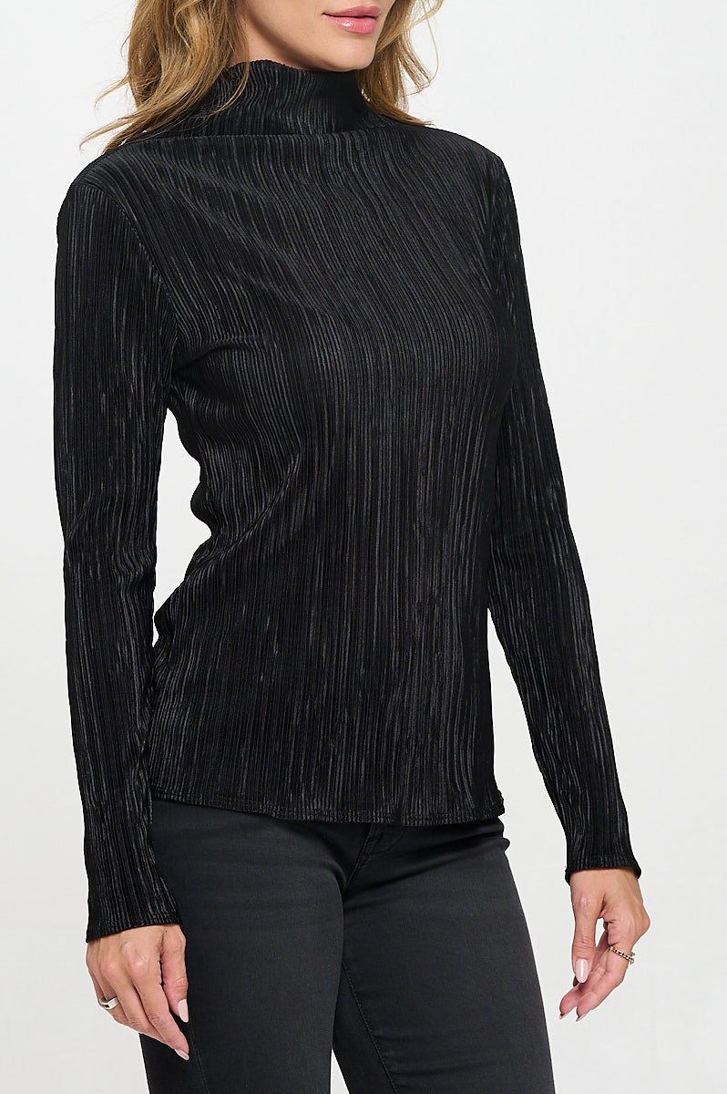 Plisse Long Sleeve Mock Neck Top