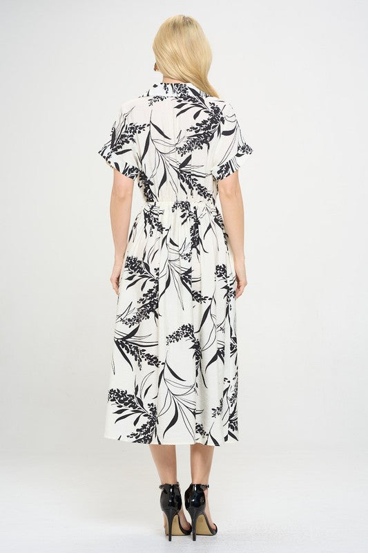 Print Collared V neck Midi Dress with Pockets