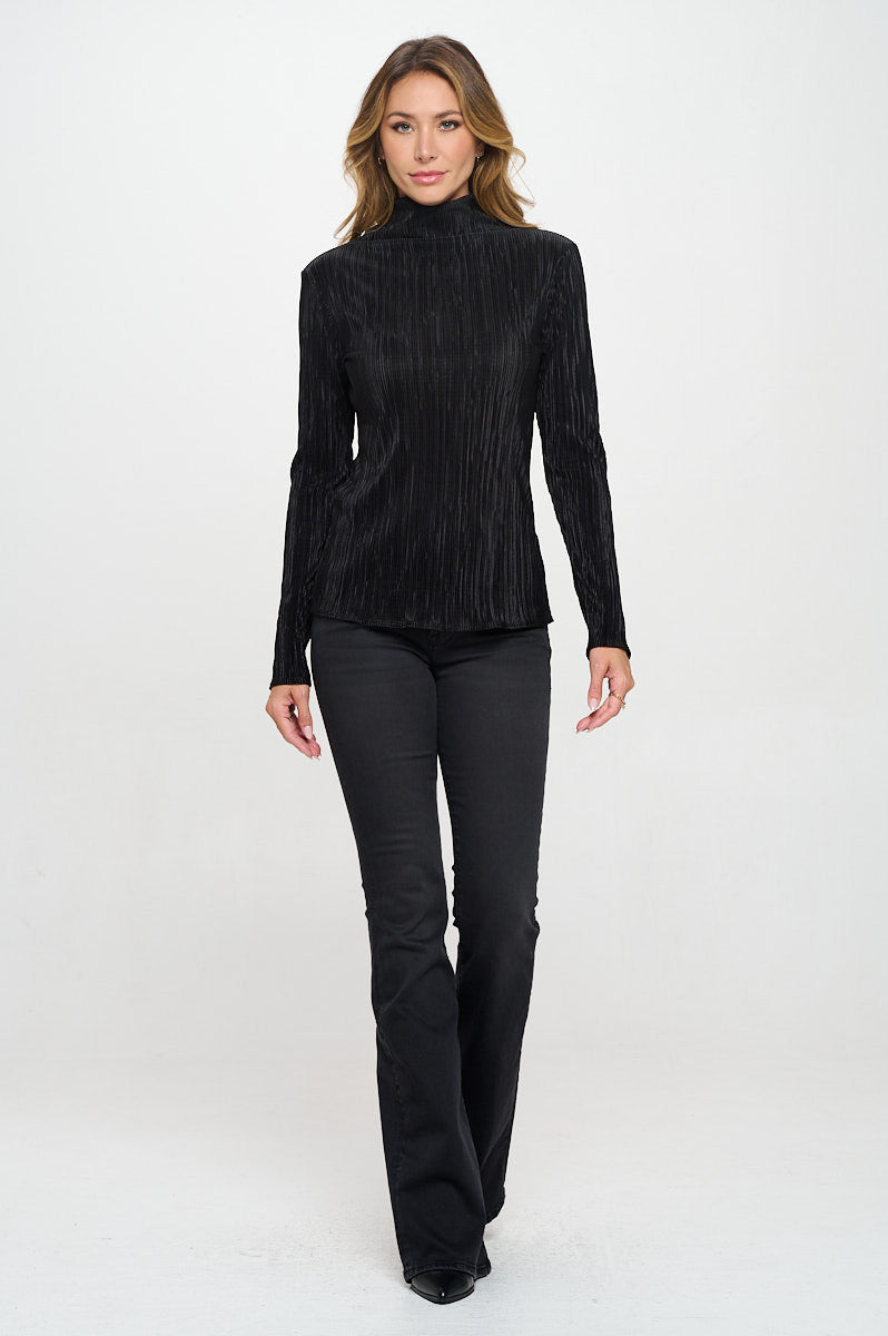 Plisse Long Sleeve Mock Neck Top