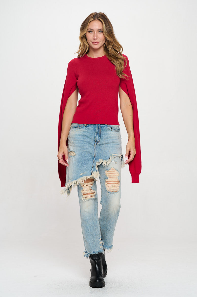 Rib Knit Round neck Sweater with Open Long Sleeve