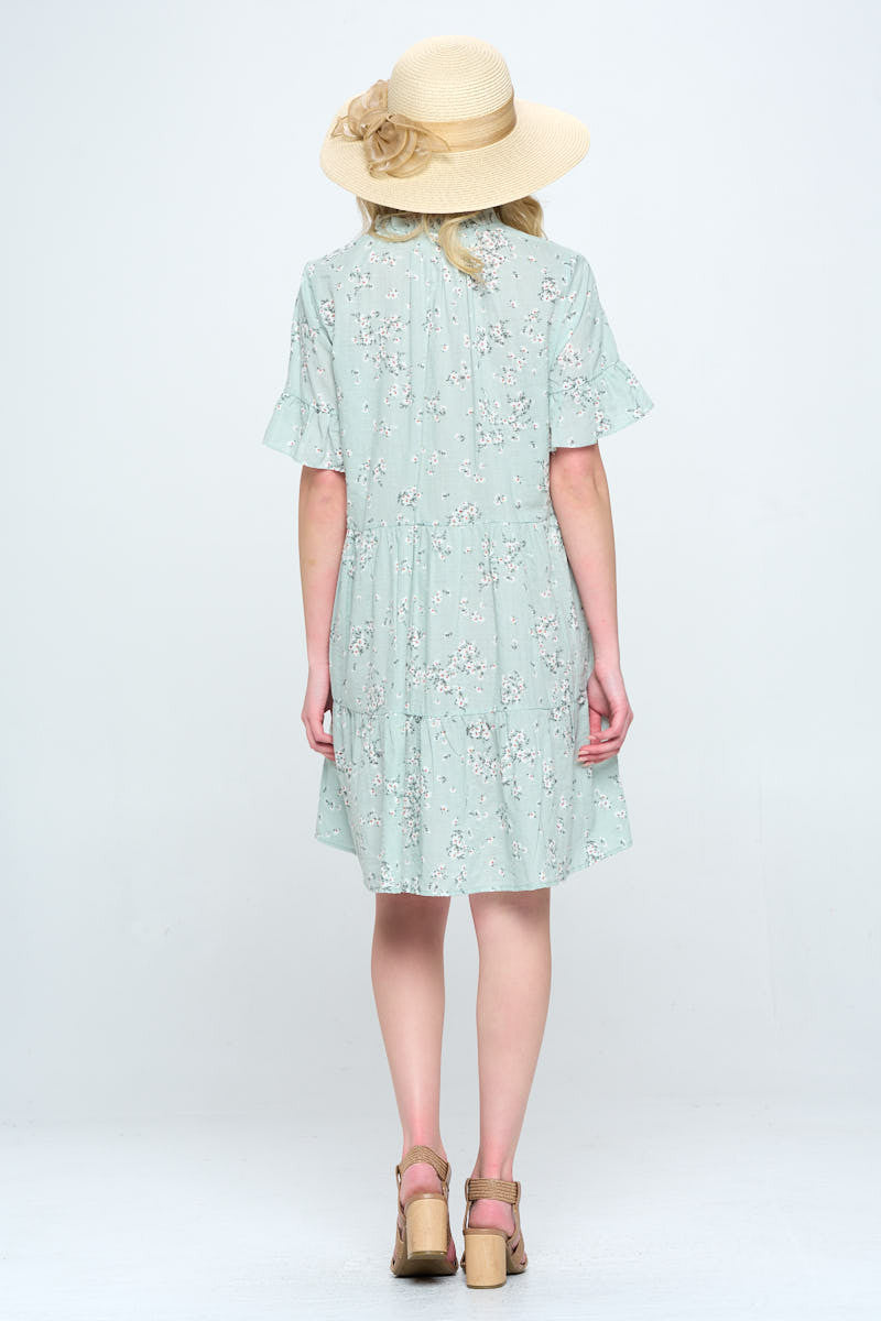 Floral Print V Neck Tiered Dress