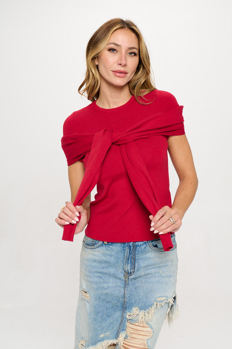 Rib Knit Round neck Sweater with Open Long Sleeve