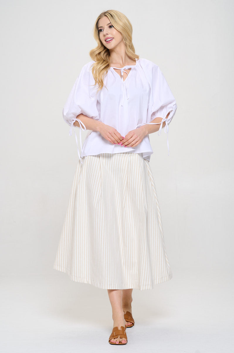 Cotton V neck Half Puff Sleeve with Tie-4